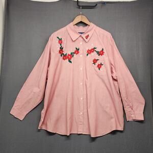 Karen Scott II Womens 3X Shirt Red Stripe Poinsettia Embroidered Christmas Top